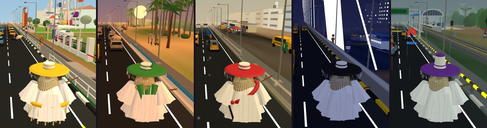 Five Eyo side by side, one for each zone, each in the colour of its group's hat: yellow, green, red, black and purple